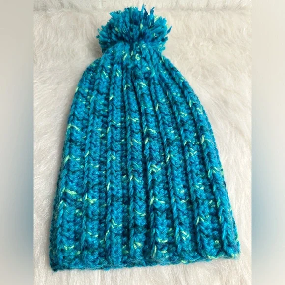 Handmade crochet ribbed blue adult hat with pompom needlework knit crafts - Picture 2 of 5